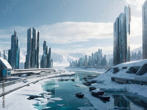 A futuristic city on a frozen plain