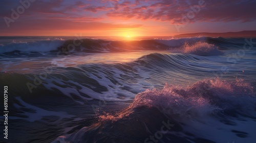 Oceanic Sunset Beauty: Scenic Seascape with Beach Landscapes and Waves