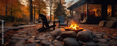 close-up photo of a stacked stone firepit with firewood and flames. Beautiful autumn landscape. photo
