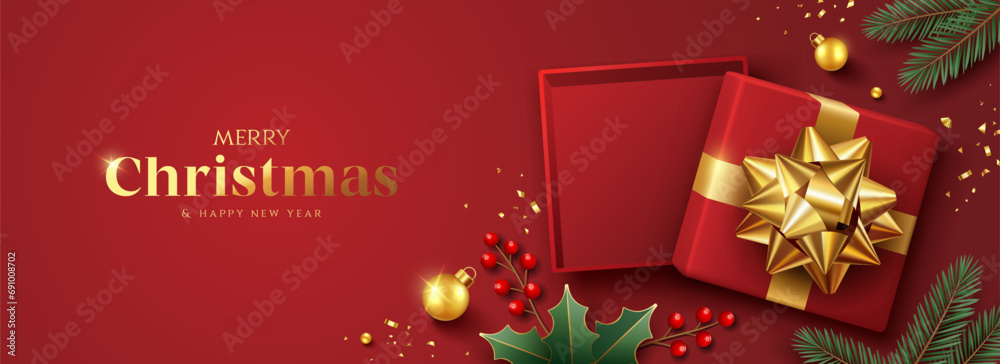 Merry christmas and Happy new year, red gift box gold ribbon, berry and pine leaf banner design on red background, Eps 10 vector illustration
