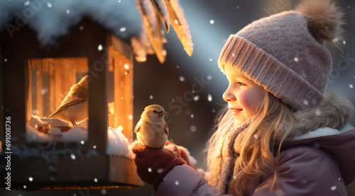 a little girl is feeding birds from a bird house in winter
