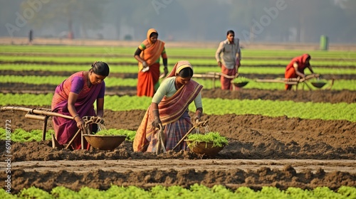 Manual harvesting process. Indian villagers work together to harvest crops. The community works in the field. Working together for the common good.