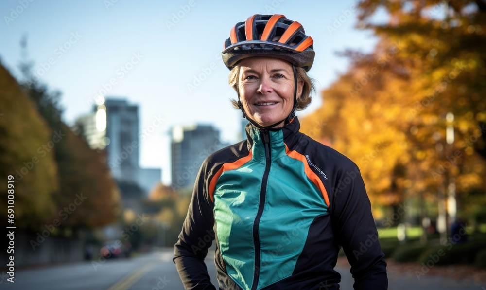 Portrait photography of a happy woman cyclist riding a bicycle and wearing cycling helmet in the city park background