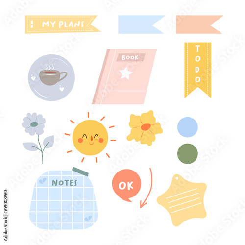 flat illustration of cute journal stickers set