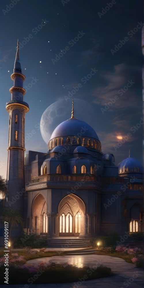 A digital image of a mosque with the moon in the background, realistic, detailed