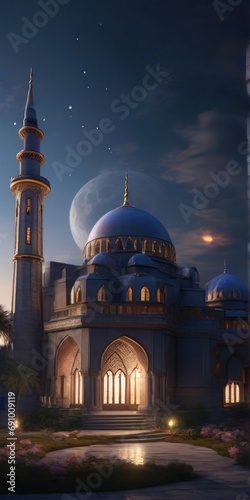 A digital image of a mosque with the moon in the background, realistic, detailed