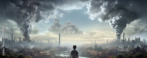 Little boy looking off into the distance at massive industrial pollution