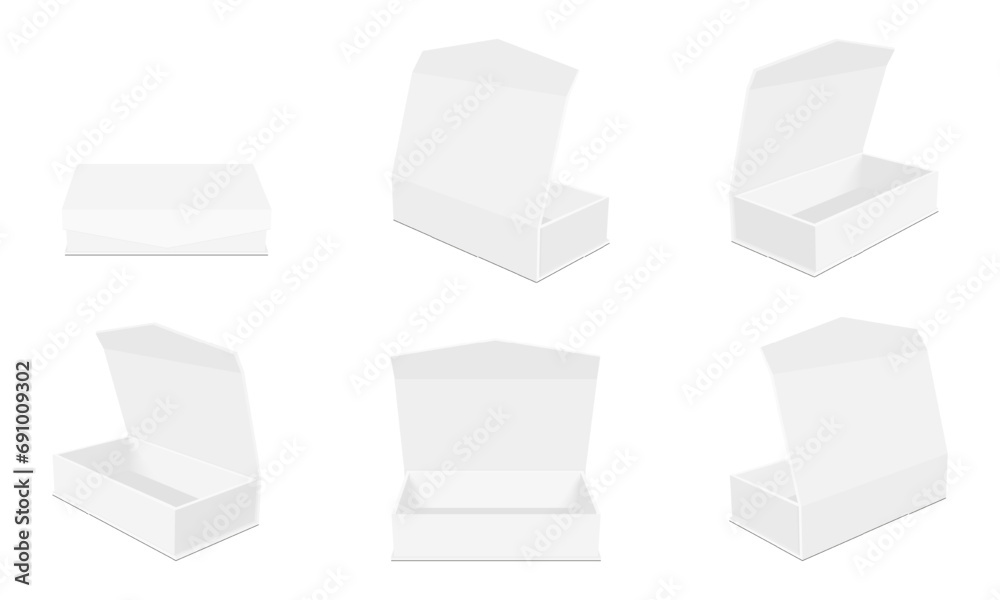 Set Of Rectangle Boxes Mockups With Lid, Front, Side, Back View, Opened And Closed. Vector Illustration Set Of Rectangle Boxes Mockups With Lid, Front, Side, Back View, Opened And Closed. Vector Illustration