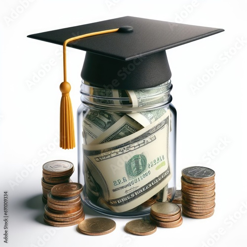 aving Money for College, Money in a Jar with Graduation Hat on the Top photo