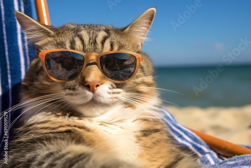 Happy cat in sunglasses lying in a sun lounger on the beach