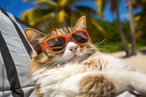 Happy cat in sunglasses lying in a sun lounger on the beach