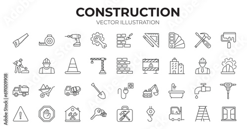 Construction editable stroke outline icons set. Construction, renovation architecture, engineer, building, blueprint and home repair tools. Vector illustration