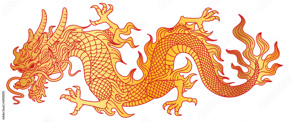 Chinese New Year 2024 Vector. Chinese Dragon, Line Drawing Gold Modern 