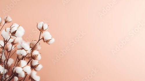 Delicate beauty of a cotton plant, set against a soft background that provides ample space for text, exuding an elegant and serene aesthetic. photo