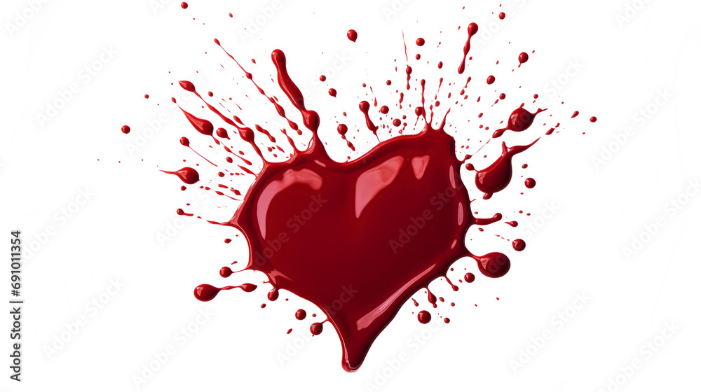 Blood Splatter in form on heart. Red liquid splash on white background. Bloody love.