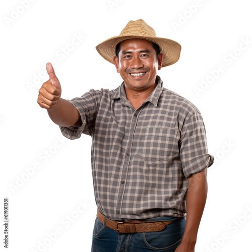 Asian farmer pointing away and looking at the camera