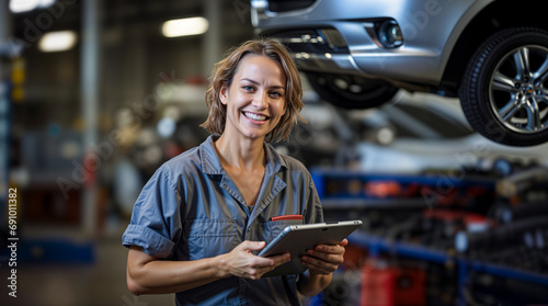 Woman car mechanic working with a tablet in an automobile garage, car repair workshop maintenance and service, smiling proud female