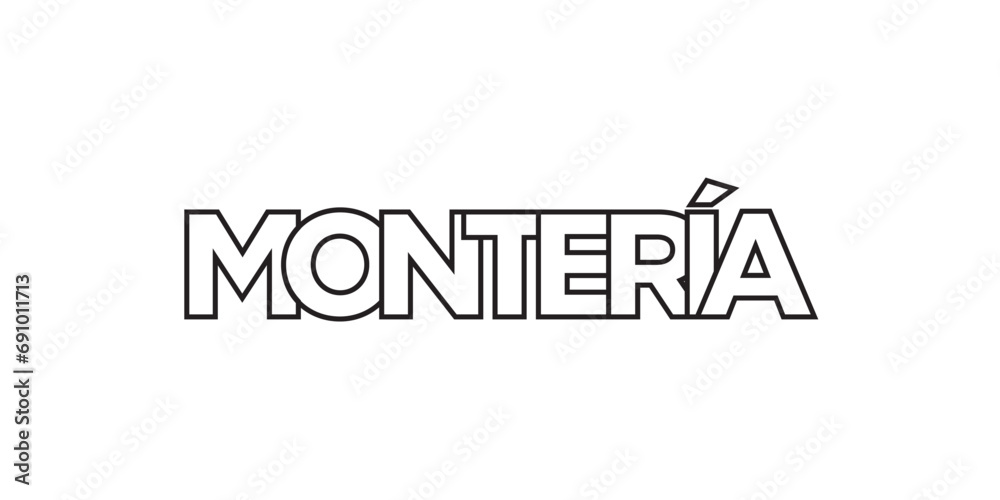 Monteria in the Colombia emblem. The design features a geometric style, vector illustration with bold typography in a modern font. The graphic slogan lettering. Monteria in the Colombia emblem. The design features a geometric style, vector illustration with bold typography in a modern font. The graphic slogan lettering.