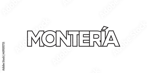 Monteria in the Colombia emblem. The design features a geometric style, vector illustration with bold typography in a modern font. The graphic slogan lettering.