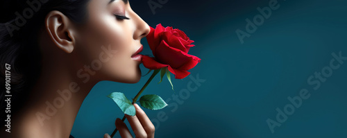 woman with red rose on blue background, copy space