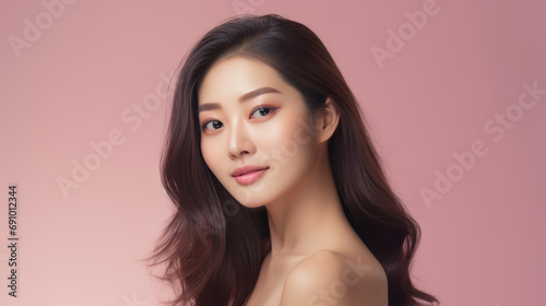 Young asian girl with perfect skin on rose background. Female Skin care editorial. Asian beauty portrait. 