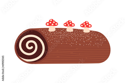 Yule log traditional Christmas cake with mushrooms decoration. Buche de noel dessert. Chocolate roll with cream