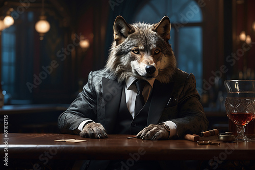 a wolf in a smock in a bar photo