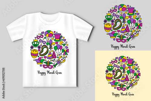 Happy Mardi Gras. Round composition of the carnival symbols. Mardi Gras concept with t-shirt mockup