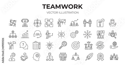 Teamwork editable stroke outline icons set. Business team, management, discussion, interaction, collaboration, teamwork and solution. Vector illustration.