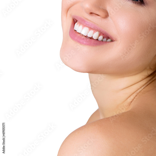 Healthy beautiful female smile. Beauty female portrait. Laughing woman mouth with great teeth over white background. Teeth health, whitening, prosthetics and care