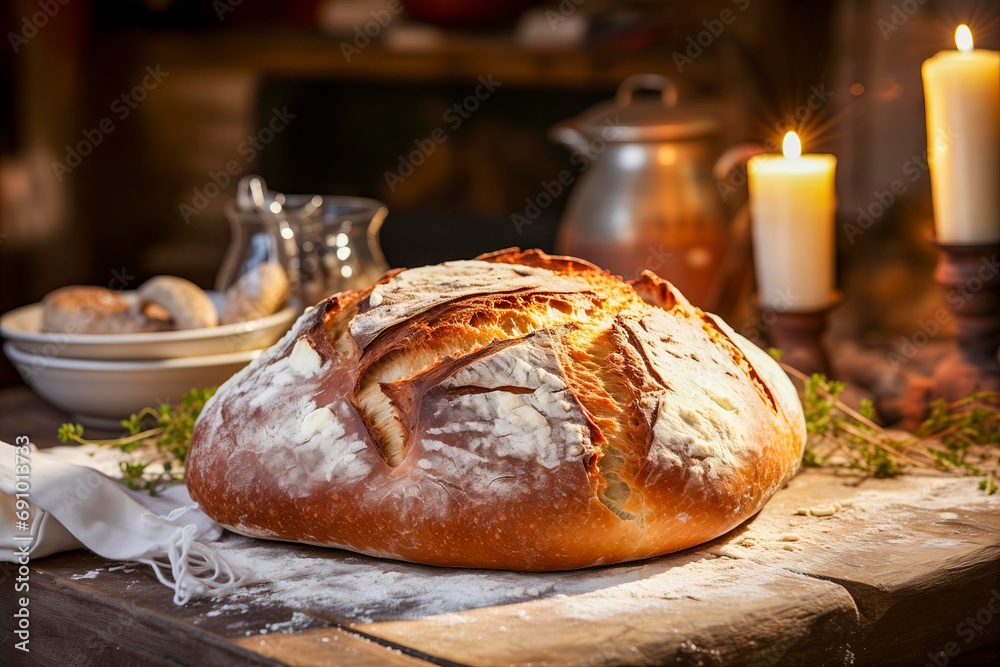 Freshly baked loaf of crusty bread in a rustic farmhouse kitchen surounding