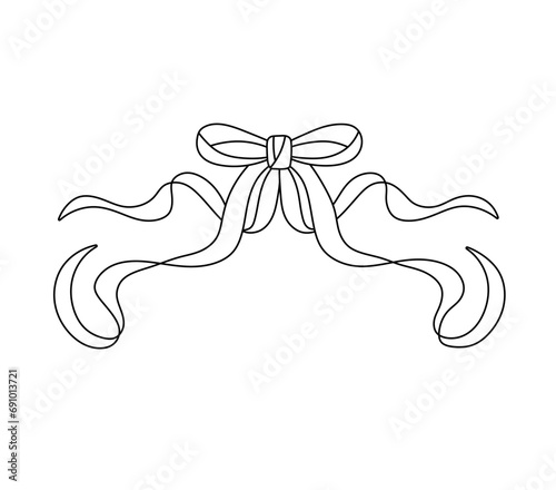 Vector isolated one single beautiful ribbon gift bow with long ribbons ends colorless black and white contour line easy drawing