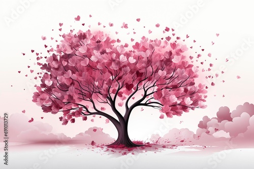 valentines day / wedding /marriage / love background illustration of a heart shaped tree with pink heart shaped leaves and foliage