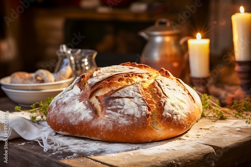 Freshly baked loaf of crusty bread in a rustic farmhouse kitchen surounding photo