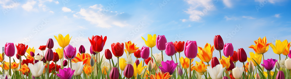 Evergreen flowers and grass field in nature, Tulip on garden in springtime, Tropical forest background. 3D rendering illustration for banner and design. Generative AI