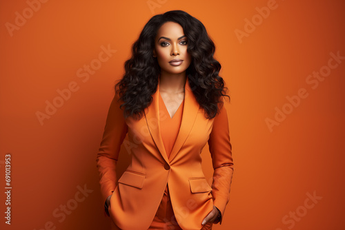  african american businesswoman in tailored suit against vibrant orange wall