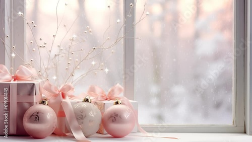 Beautiful Christmas background. With a large panoramic window, behind which you can see the winter forest  and falling snow.