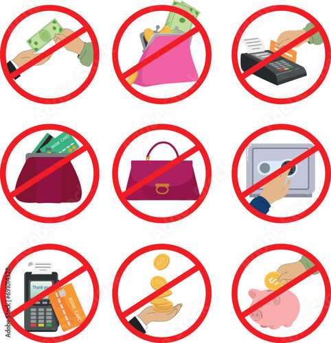 Prohibition signs. A large set of prohibitory signs warning about the prohibition of financial transactions. Vector illustration