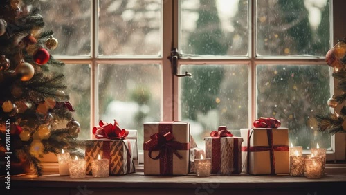 Beautiful Christmas background. With a large panoramic window, behind which you can see the winter forest and falling snow.