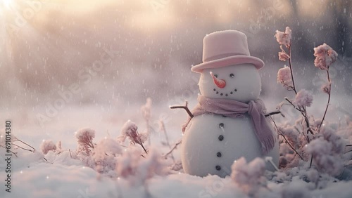 little snowman on the snow in the winter. Winter holiday background. snowman with hat and scarf. snowy landscape in the forest