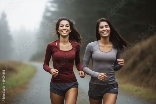 Close-Up Trail Run: Two Women in Athleisure Clothing Embracing the Outdoor Challenge