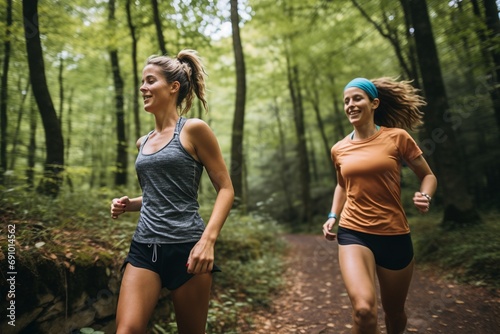 Athletic Duo: Close-Up of Two Women Trail Running in Stylish Athleisure Wear