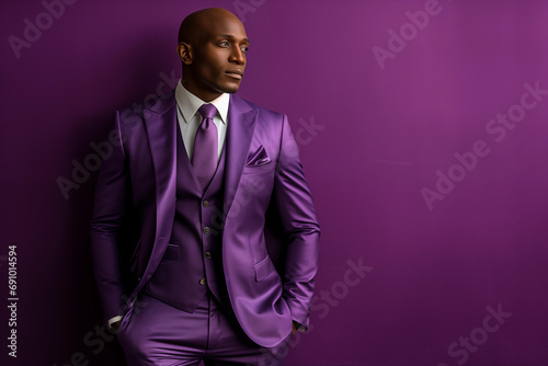 african american businessman in classic suit against vibrant purple backdrop