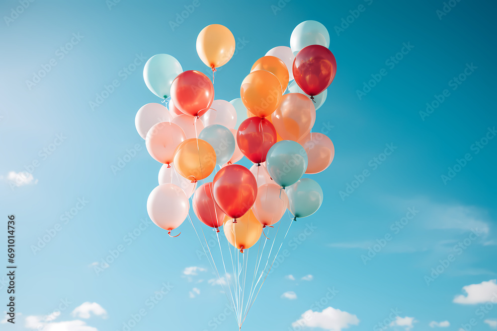 Helium balloons ascending into the sky, uplifting feeling of reaching a goal or milestone.