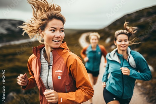 Dynamic Duo: Close-Up View of Women in Athleisure Clothing Engaged in Trail Running photo