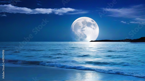 Romantic and Scenic Panorama: Enchanting Full Moon Night Over the Sea. Generative AI.