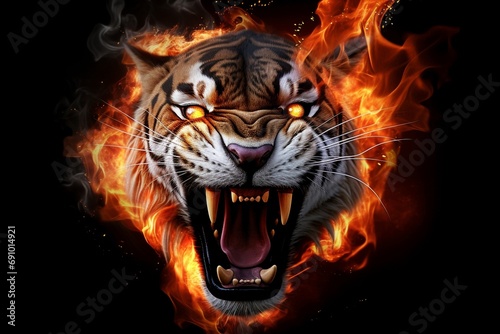 Blazing Dominance: Roaring Tiger Head Amidst a Raging Firestorm on Black Background © Martin