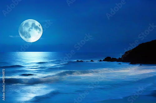 Romantic and Scenic Panorama  Enchanting Full Moon Night Over the Sea. 