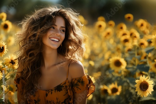 A radiant woman in the heart of golden sunflowers.