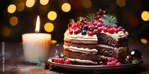 Christmas cake with fruit and candlestick on a wooden table
